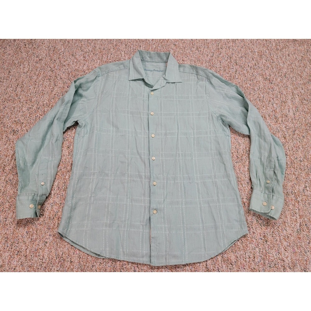 Tommy Bahama Shirt Mens Large Blue Linen Button Up Hawaiian Aloha Camp Tropical